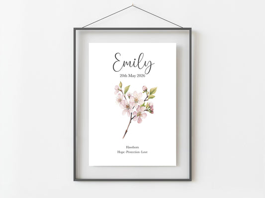May Birthday Gift, Personalised May Birth Month Flower Print, Lily of the Valley or Hawthorn Wall Art, A4, A5, PDF