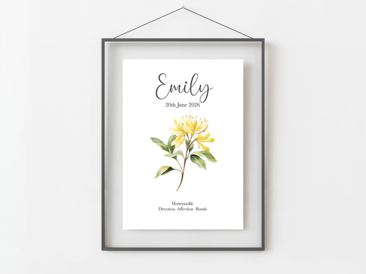 June Birthday Gift, Personalised June Birth Month Flower Print, Rose or Honeysuckle Wall Art, A4, A5, PDF
