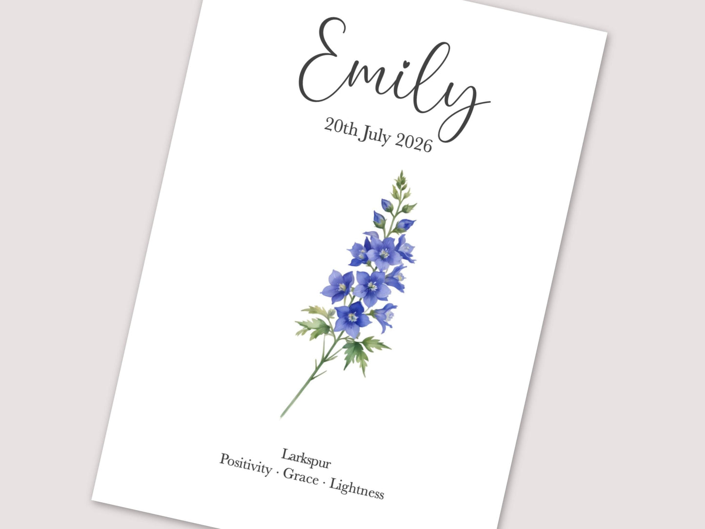 July Birthday Gift, Personalised July Birth Month Flower Print, Larkspur or Water Lily Wall Art, A4, A5, PDF