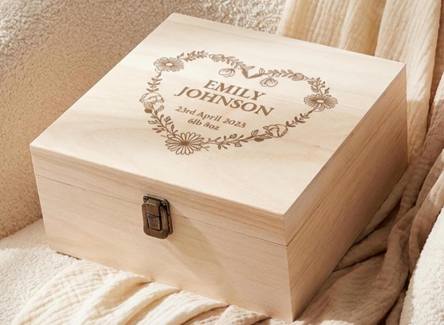Personalised Baby Memory Box, Engraved Wooden Birth Flower Keepsake Box, Newborn Memory Box, New Baby Gift, Baby Keepsake Box