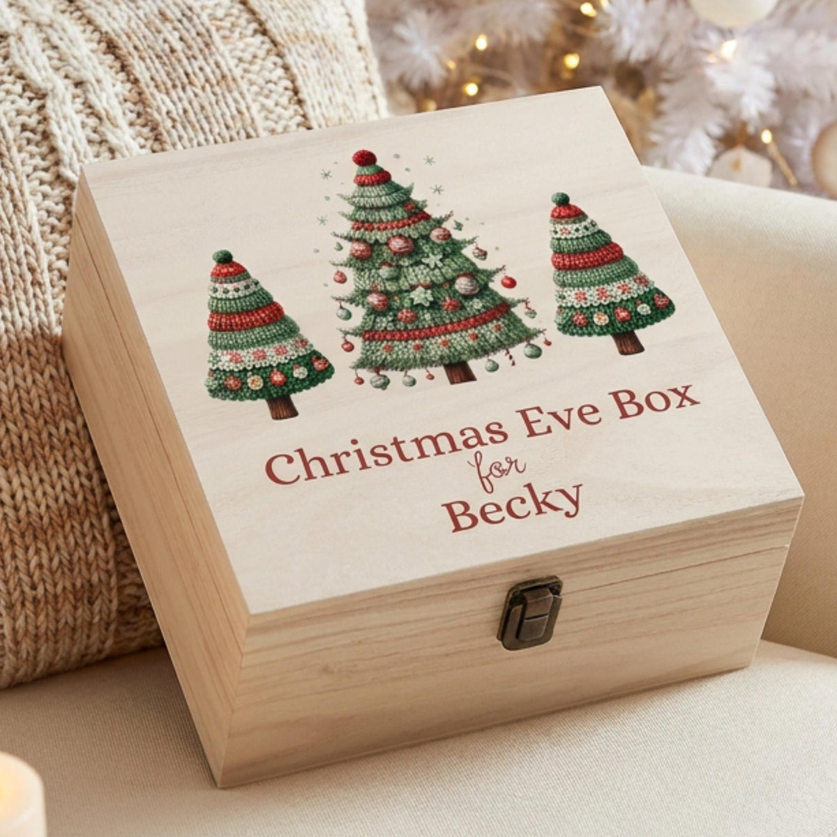 Personalised Christmas Eve Box | Knitted Christmas Trees Design