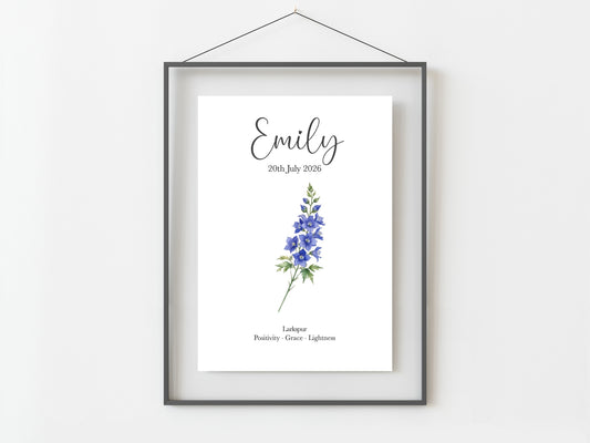July Birthday Gift Personalised Birth Flower Print