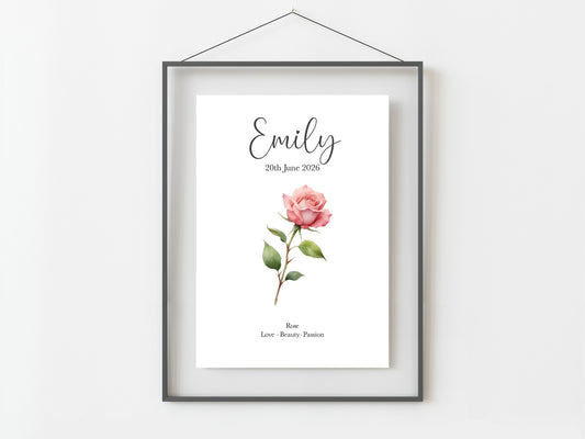 June Birthday Gift Personalised Birth Flower Print
