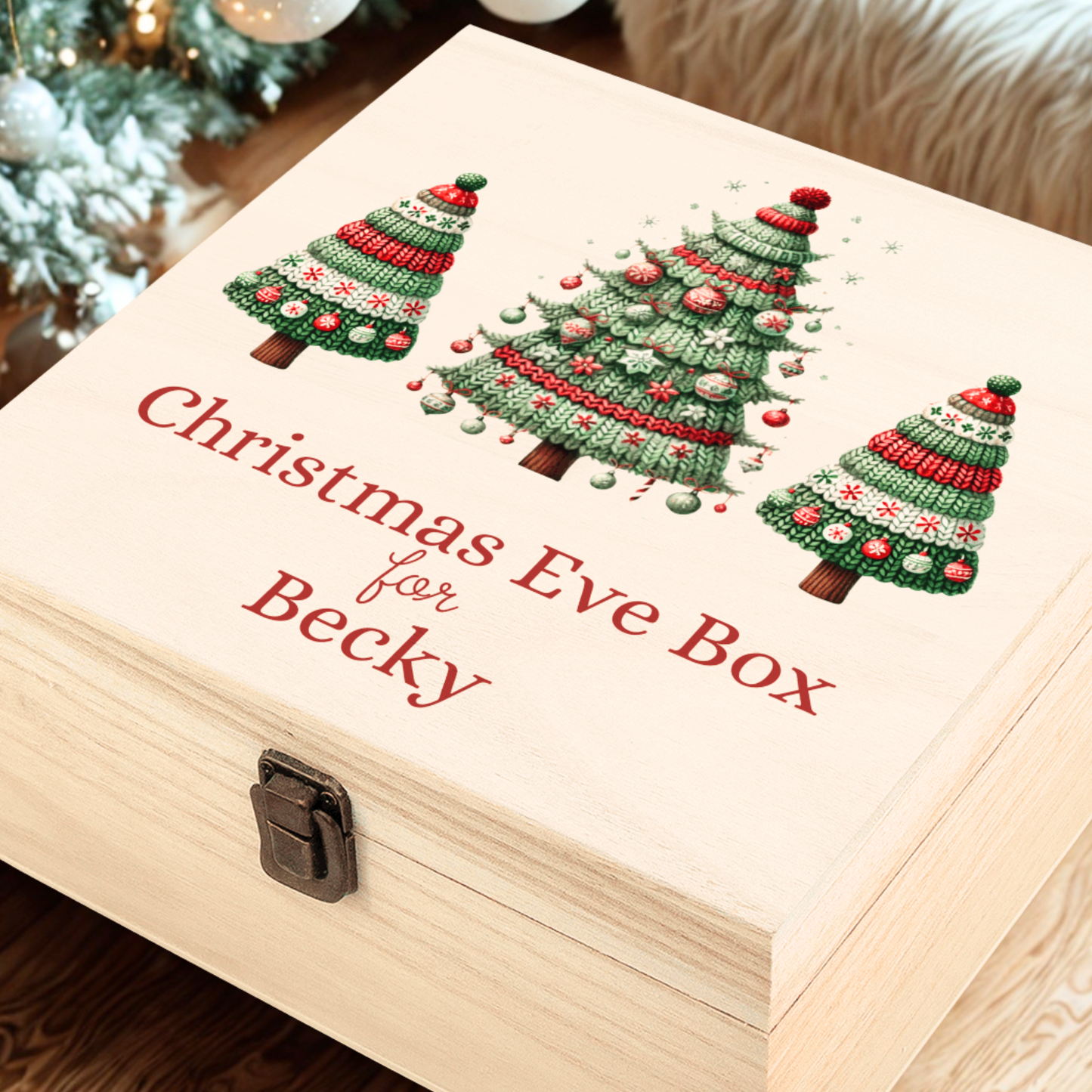Personalised Christmas Eve Box | Knitted Christmas Trees Design