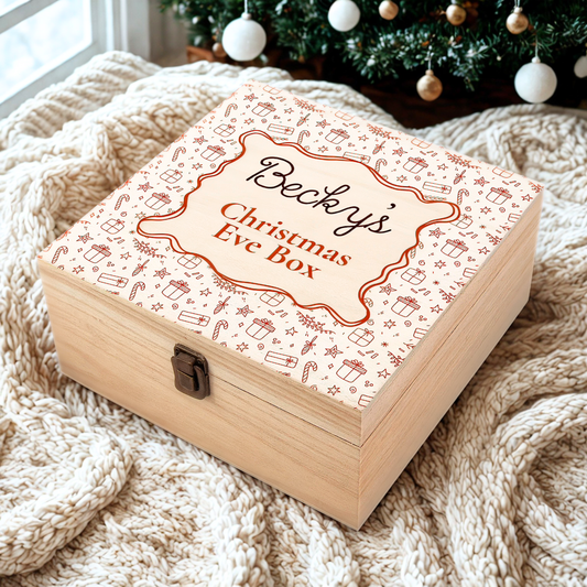Personalised Classic Christmas Eve Box | Wooden Keepsake Box with Festive Border Design
