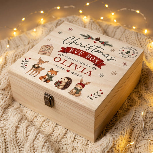 A personalized wooden Christmas Eve Box with a hinged lid, featuring illustrations of woodland animals and the text 'Christmas Eve Box made especially for OLIVIA'. The box is styled on a cream-colored cable-knit blanket with warm fairy lights in the background.