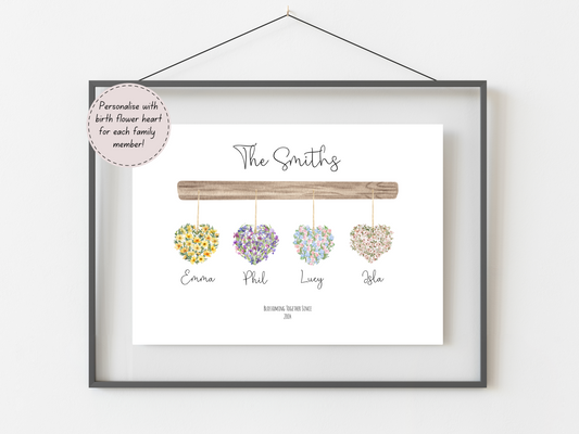 Personalised Family Birth Flower Heart Print – Unique Family Gift Idea