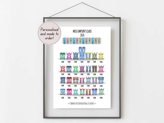 Personalised Teacher Gift | Custom Class Welly Boot Print with Student Names