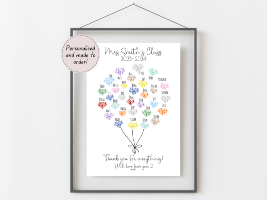 Personalised Teacher Gift Print | Class Names Heart Balloon | End of Term Thank You Keepsake from Students
