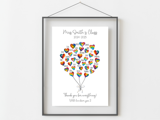 Personalised Teacher Gift Print | Class Names Heart Balloon | End of Term Thank You Keepsake from Students