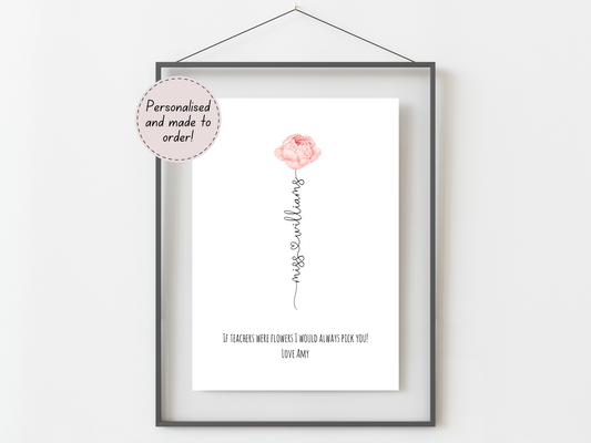 Personalised Teacher Thank You Print – Custom Flower Design | End of Term Teacher Gift | Nursery or School Leaver Present