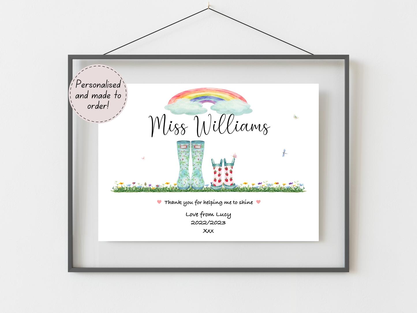 Personalised Teacher Thank You Print | Custom Welly Boots Design | End of Term Nursery Gift | Teacher Appreciation Wall Art