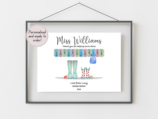 Personalised Teacher Thank You Print | Custom Welly Boots Design | End of Term Nursery Gift | Teacher Appreciation Wall Art