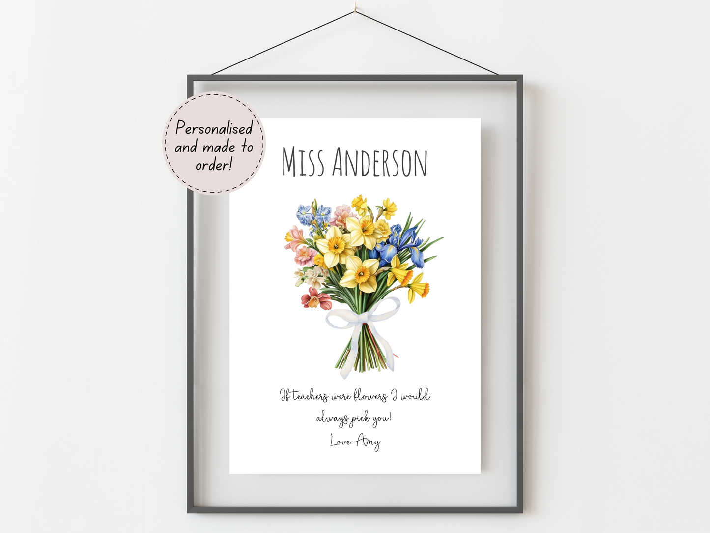 Personalised Teacher Thank You Print with Flower Bouquet | Custom End of Term Gifts from Student | Unique Teacher Appreciation Gift